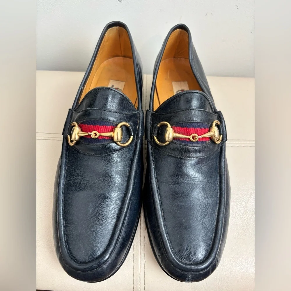 Vintage Gucci Gold Horse-bit Navy Blue Leather Loafers With Red Stripes Size 42S